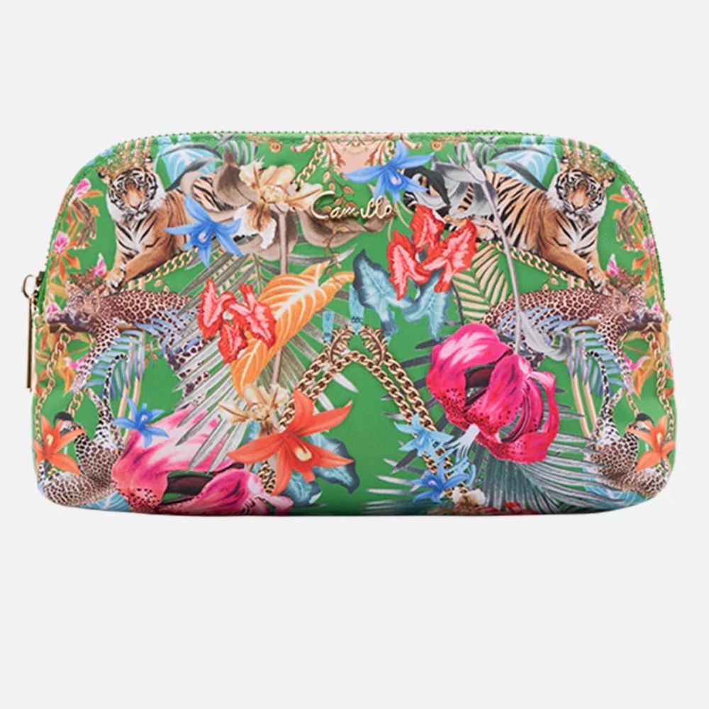 CAMILLA *Curiouser and Curiouser* green tropical print small makeup travel bag